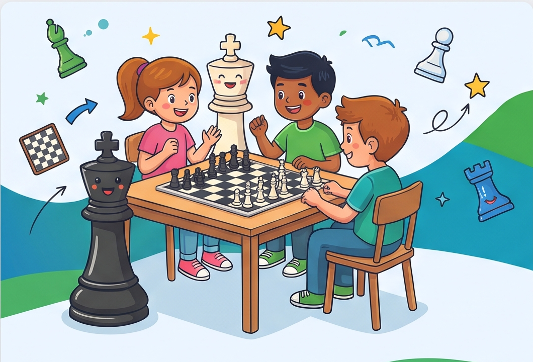 Kinderen spelen schaak aan tafel met vrolijke schaakstukken