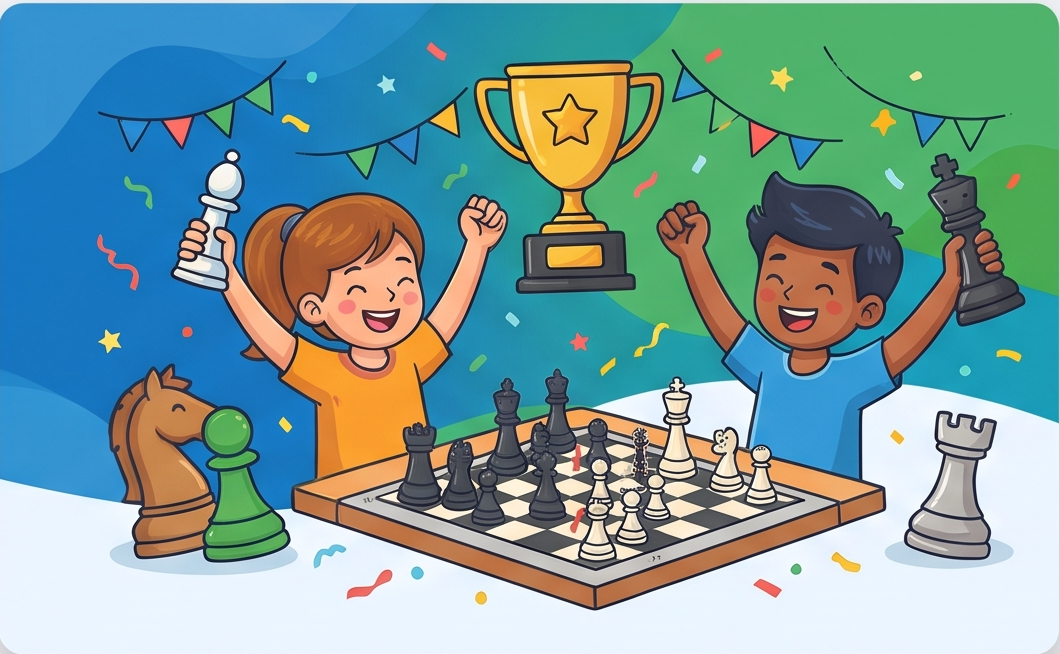 Kinderen vieren feest met een gouden trofee en schaakbord